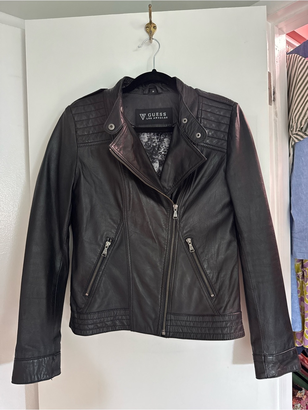 GUESS Black Genuine Leather Asymmetric Moto Jacket for Women